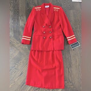 NEW 12 red suit skirt set stars double breasted jacket pencil gold vintage USA